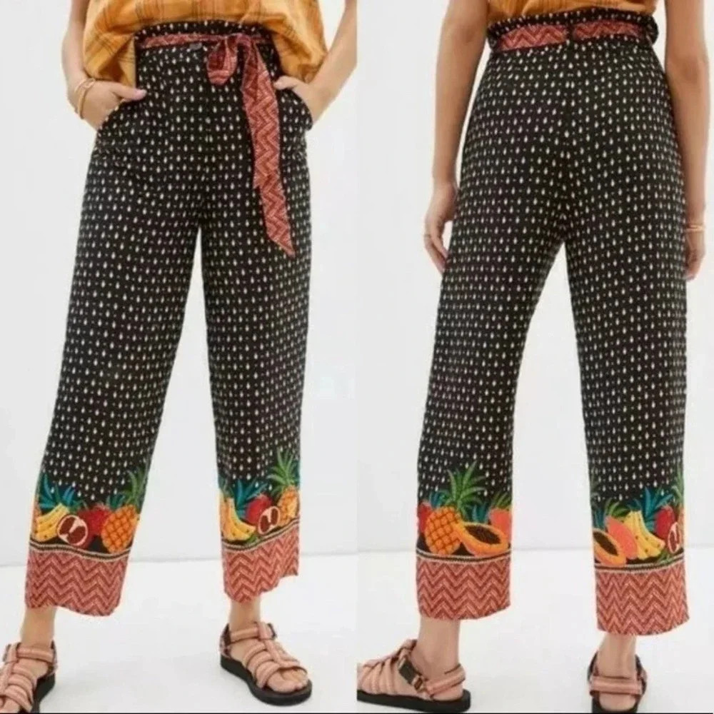Farm Rio x Anthropologie Tucker Paperbag Pants Tropical Fruit Black Size Medium